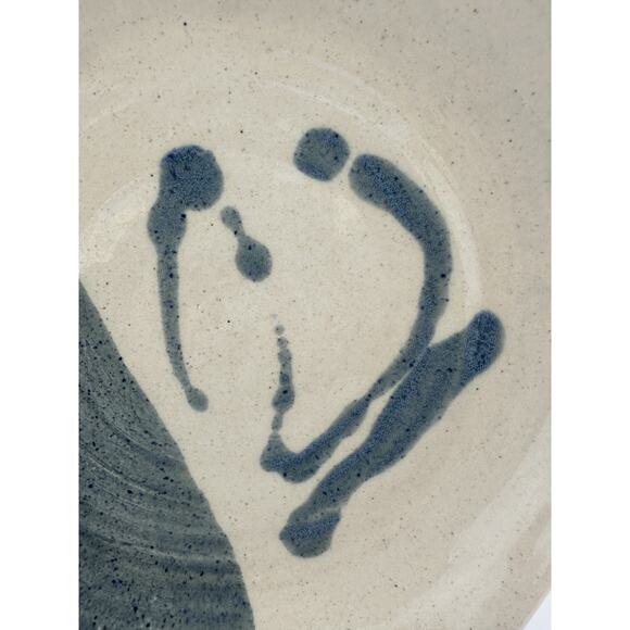 Hand Made Ceramic Dish w/ Scalloped Edge Signed PM Blue Cream Abstract Design - Picture 3 of 7